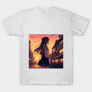 Enchanting Anime Sunset: Sailor Schoolgirl's Downtown Stroll T-Shirt